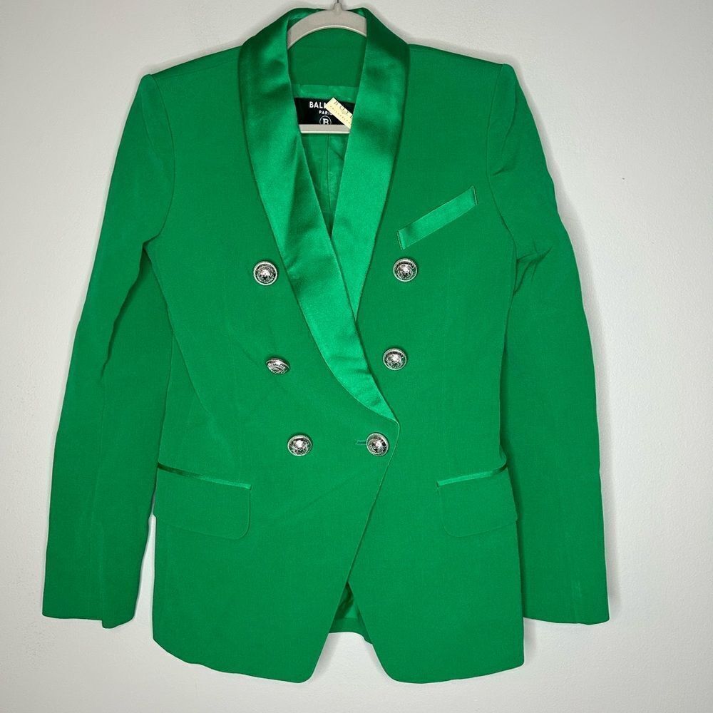 Balmain Satin Lapel Double Breasted Blazer NWT